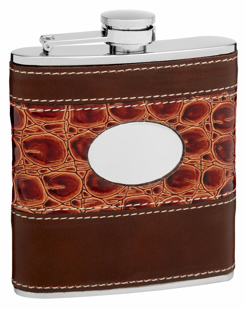 ''Hip Flask Holding 6 oz - Faux LEATHER and Faux Alligator Skin Design - Pocket Size, Stainless Steel